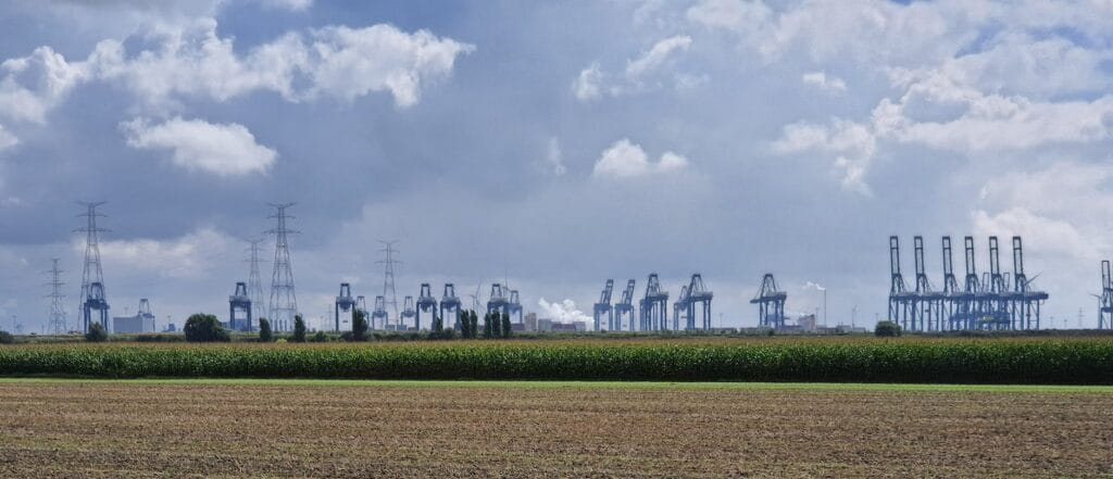 agricultural field under white clouds with electricity pylons in the distance